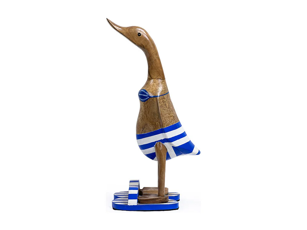 Statuette décorative 40 cm canard bleu blanc rayé en teck – DAFLY