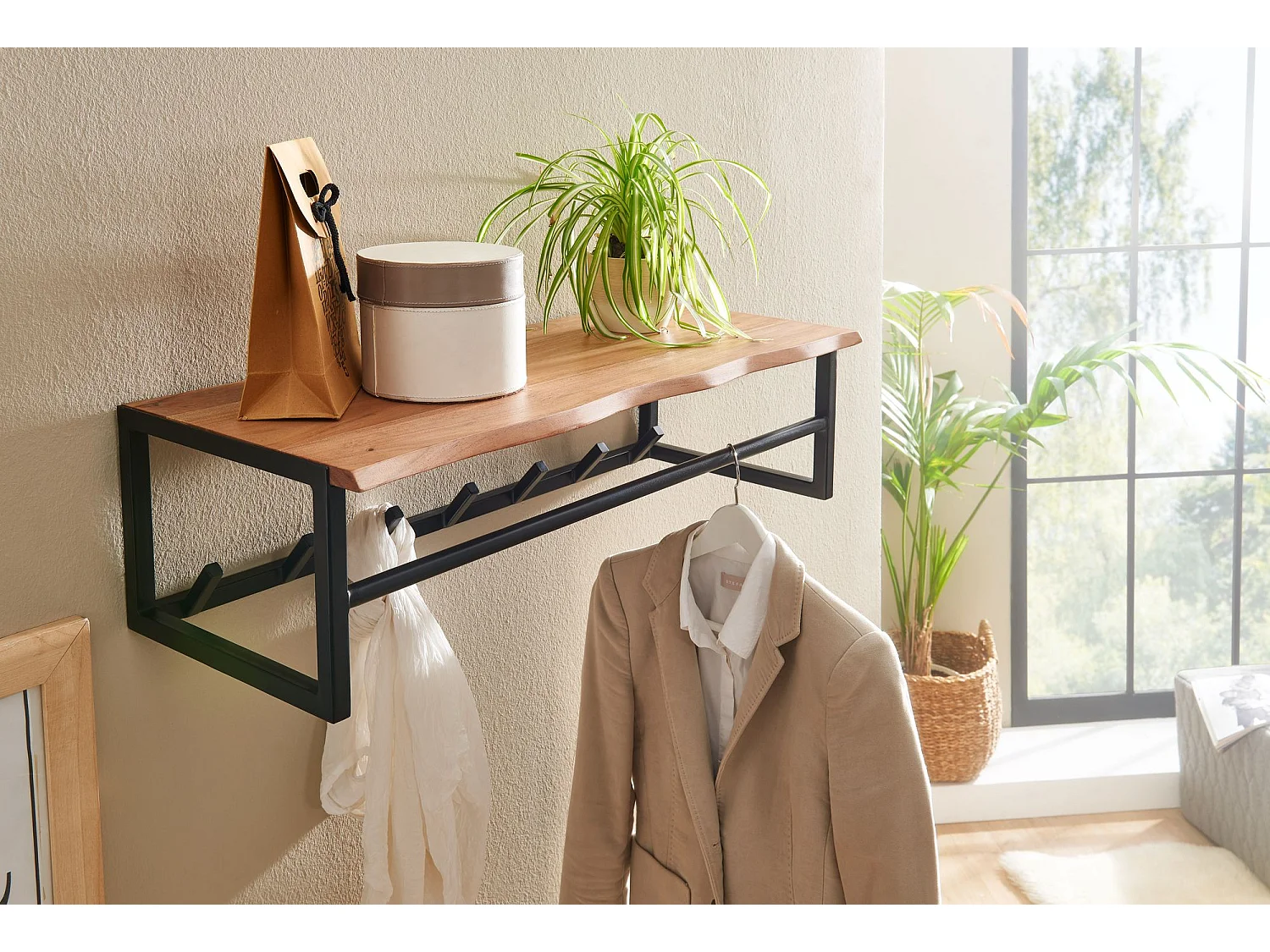 Design Wandgarderobe Akazie Massivholz / Metall 80x22x33 cm, Hakenleiste mit Ablage und