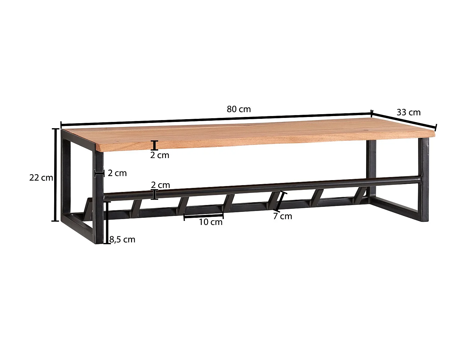 Design Wandgarderobe Akazie Massivholz / Metall 80x22x33 cm, Hakenleiste mit Ablage und