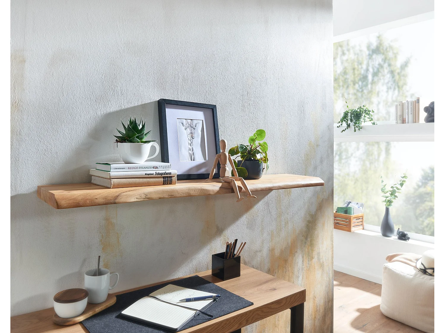 Estantería de Pared 120 cm Moderna Madera Maciza de Acacia | Estante Colgante de Flotación Libre