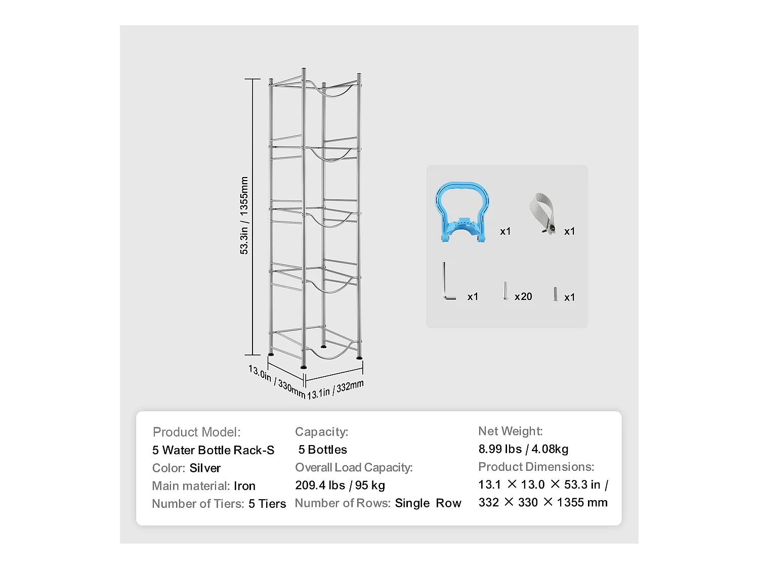 5-laags Waterfleshouder SucceBuy, Enkele Rij Flessenhouder voor 5 Flessen, Zilver