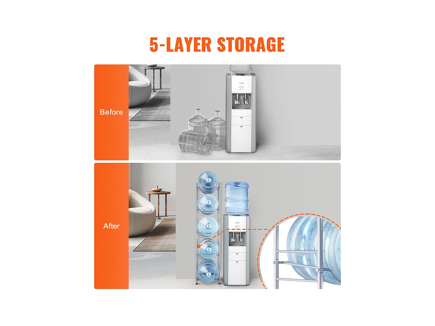 5-laags Waterfleshouder SucceBuy, Enkele Rij Flessenhouder voor 5 Flessen, Zilver