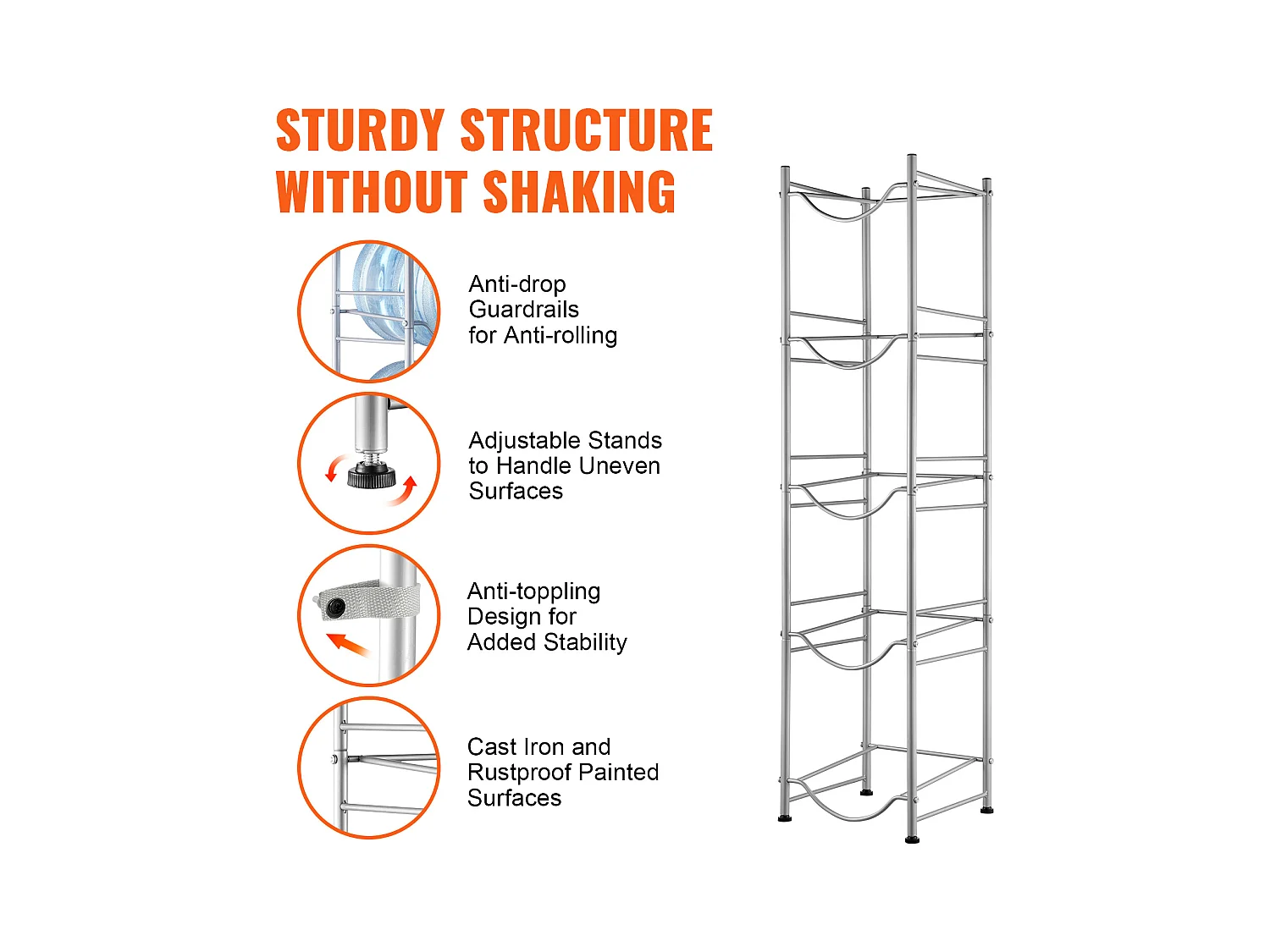 5-laags Waterfleshouder SucceBuy, Enkele Rij Flessenhouder voor 5 Flessen, Zilver