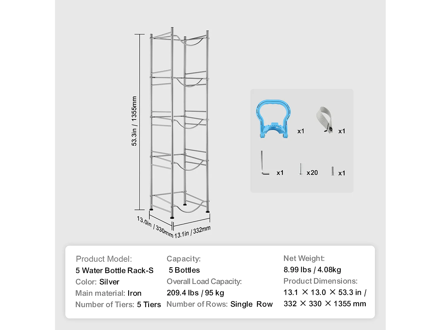 Porte-carafe à Eau à 5 Niveaux SucceBuy, Porte-bouteilles en Une Rangée pour 5 Bouteilles, Argent