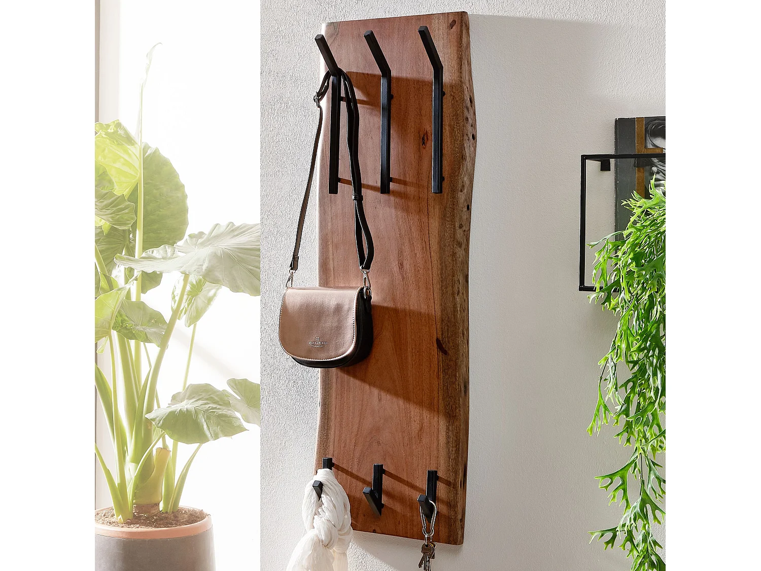 diseño madera maciza de acacia / metal 35,5 x 100 x 11 cm | Perchero de pared de 2 hileras con