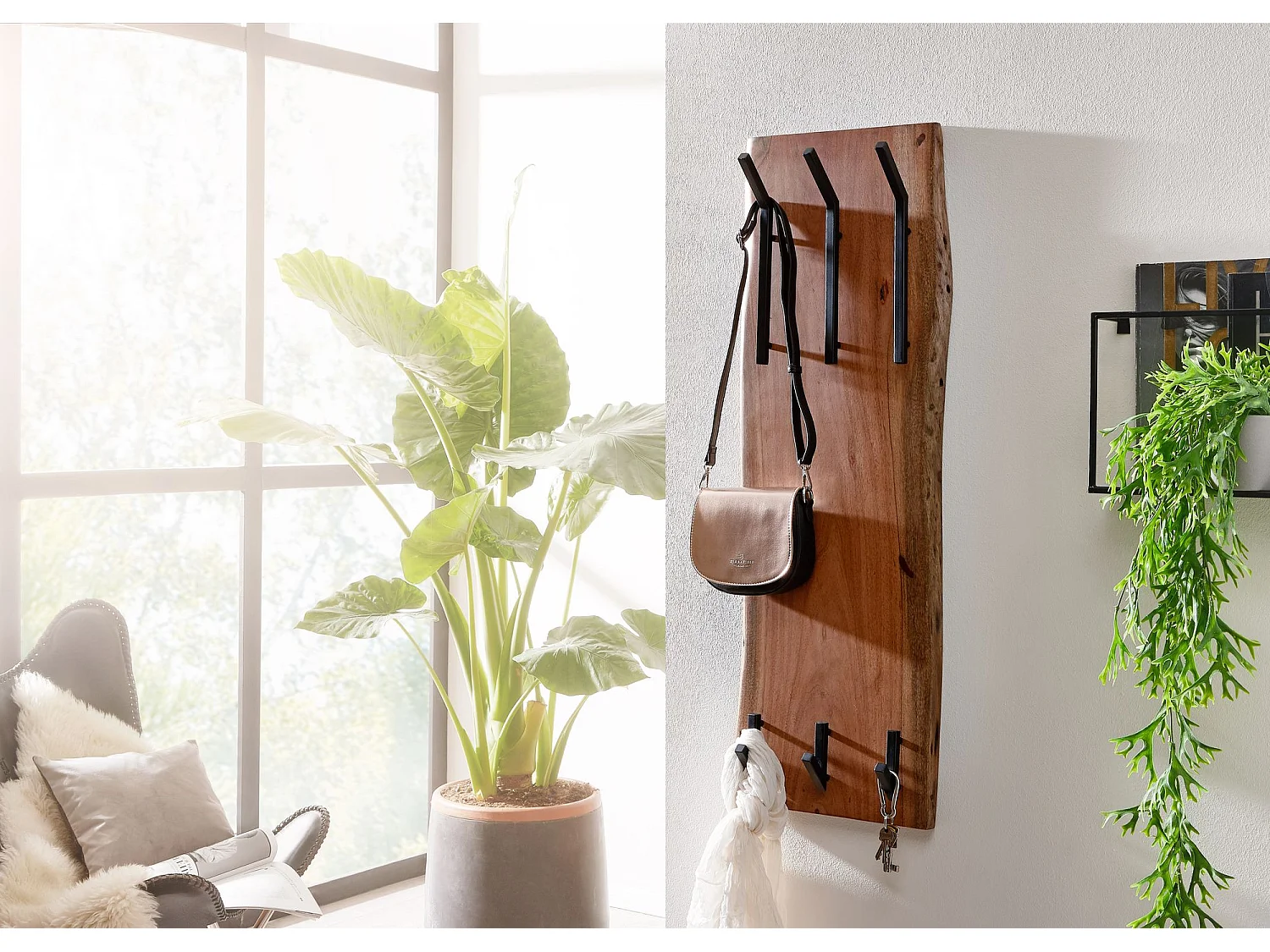 diseño madera maciza de acacia / metal 35,5 x 100 x 11 cm | Perchero de pared de 2 hileras con