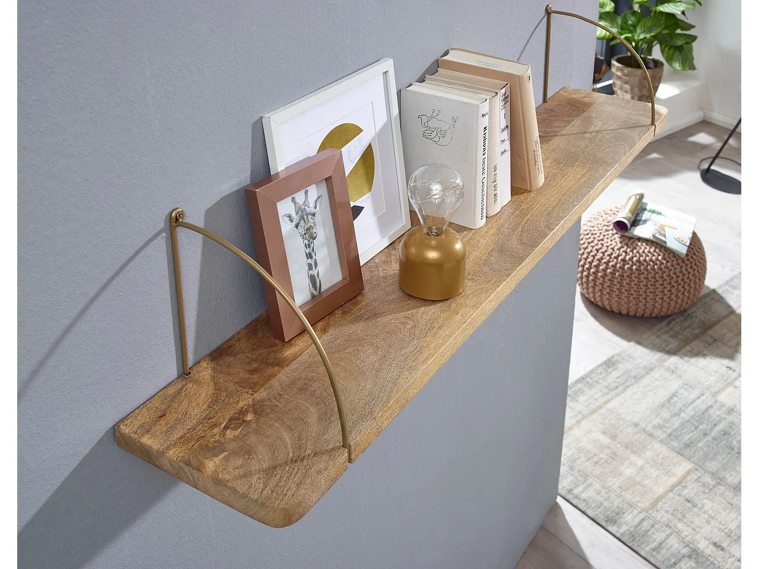 Estantería de pared 120x25x22 cm Moderna Madera Maciza de Mango y Metal Industrial | Estante