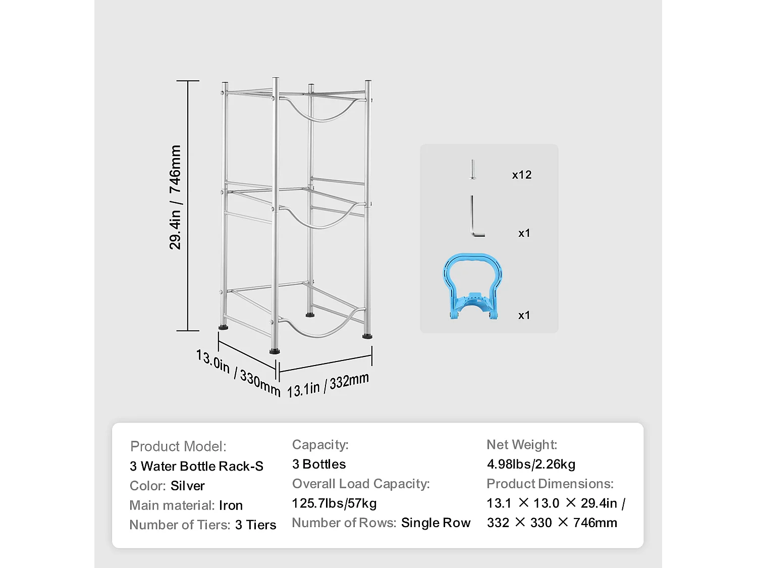 Porte-bouteilles d'Eau à 3 Niveaux SucceBuy, Support en Une Rangée pour 3 Bouteilles, Argent