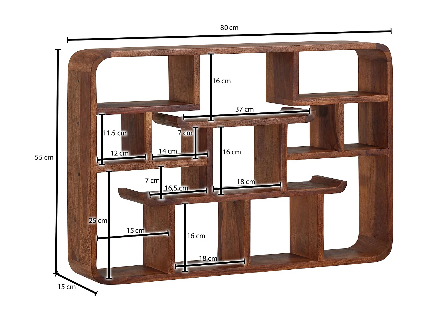Wandregal 80x55x15 cm Sheesham Massivholz Hängeregal Modern Schwebend, Großes Design Schweberegal,