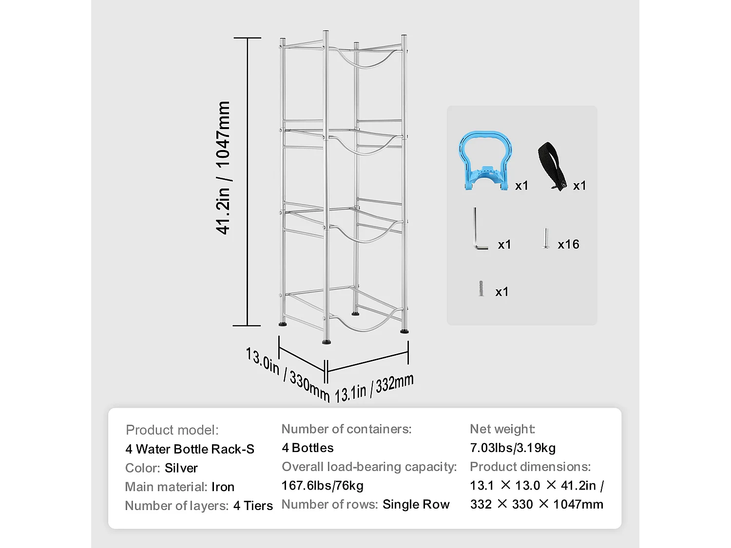 Waterfleshouder met 4 Niveaus SucceBuy, Enkele Rij voor 4 Flessen, Zilver