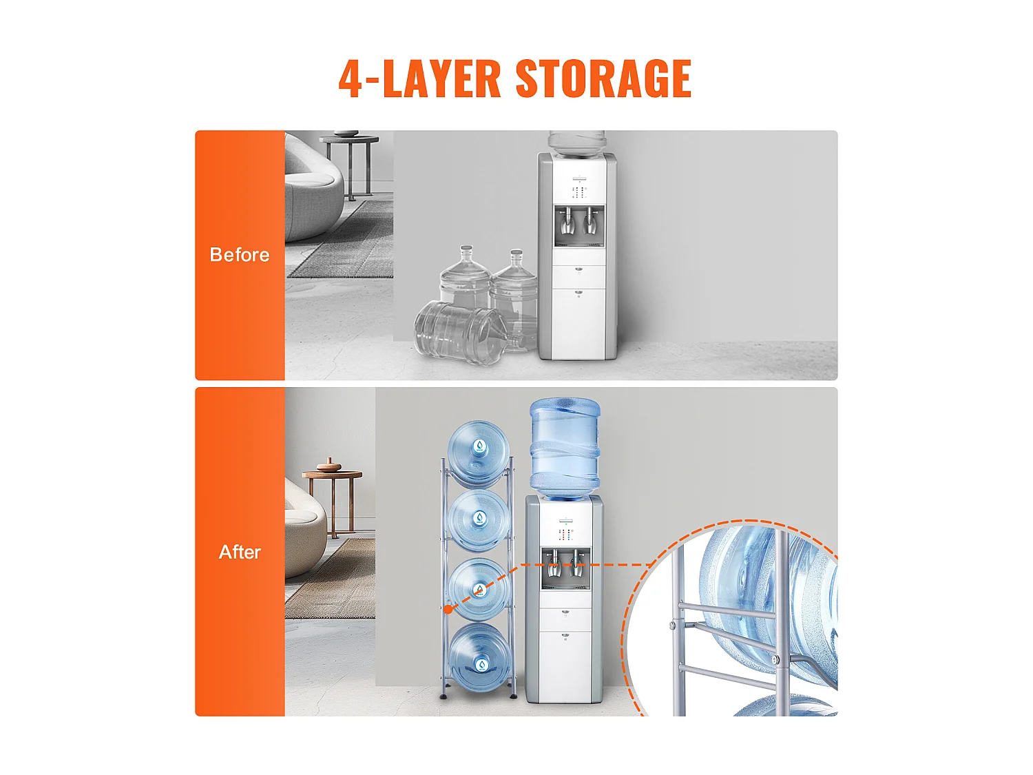 Waterfleshouder met 4 Niveaus SucceBuy, Enkele Rij voor 4 Flessen, Zilver