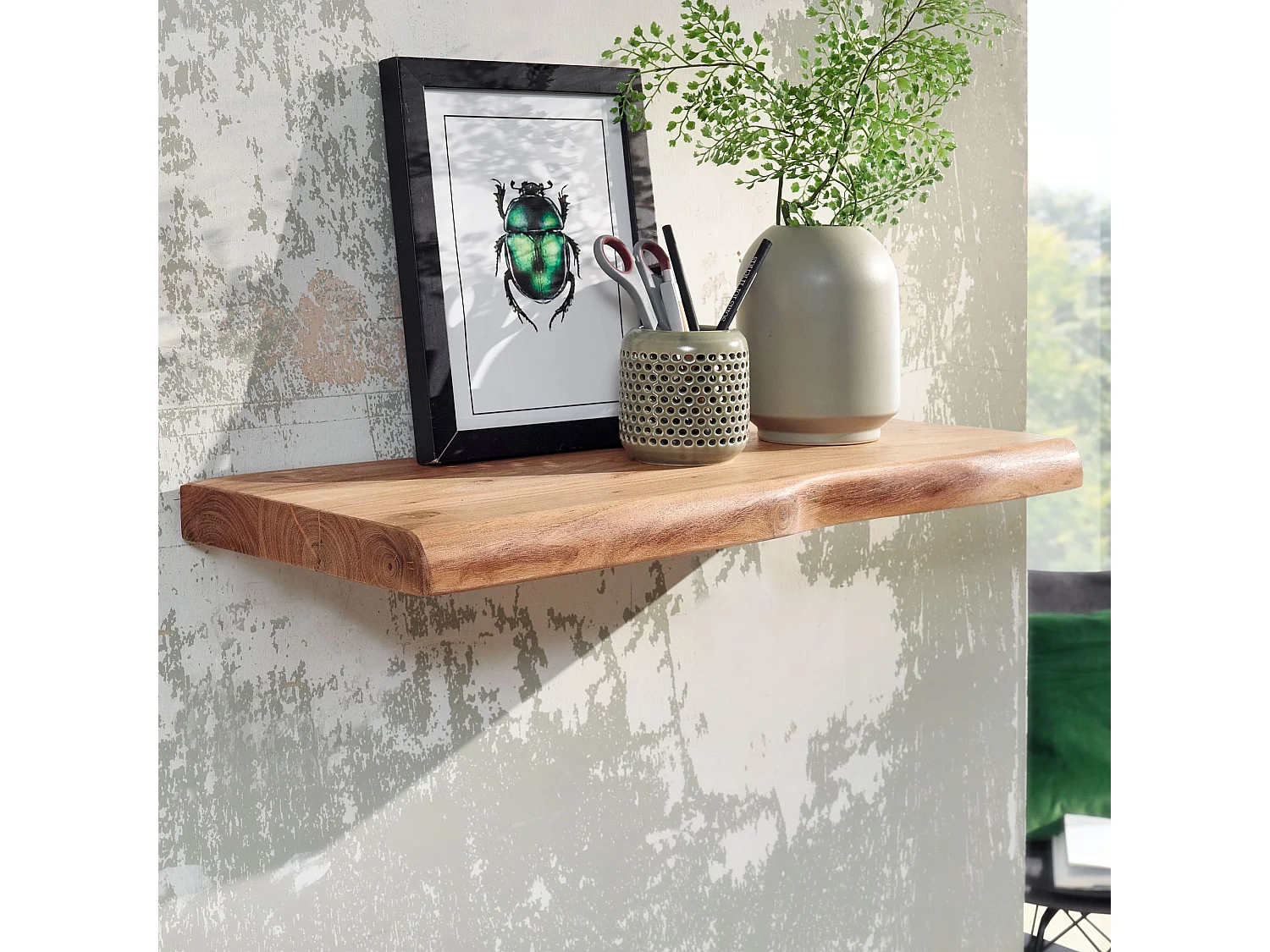 Wandregal mit Baumkante Akazie Massivholz 60 cm, Design Schweberegal Wandboard Massiv, Regal Holz