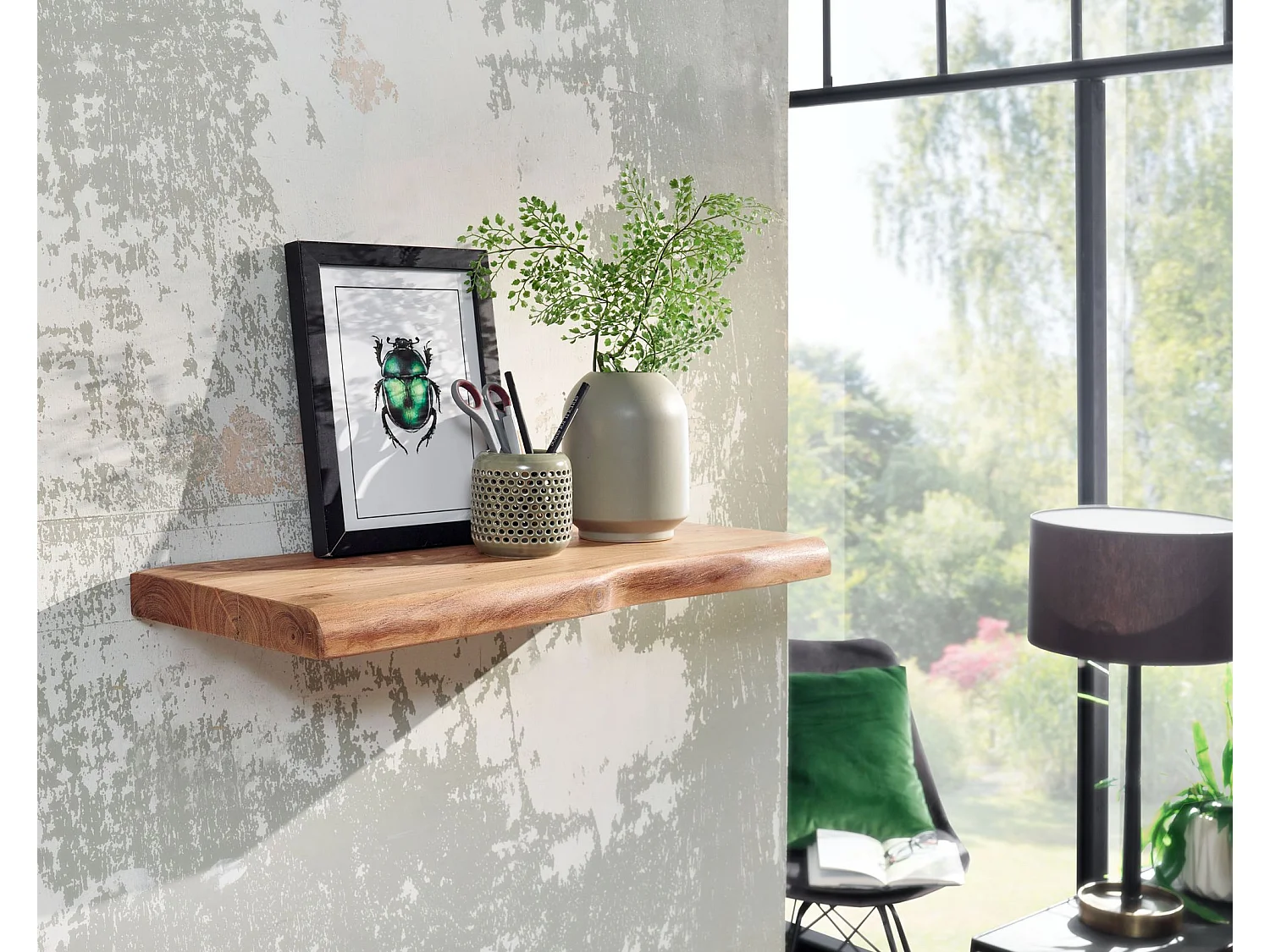 Wandregal mit Baumkante Akazie Massivholz 60 cm, Design Schweberegal Wandboard Massiv, Regal Holz