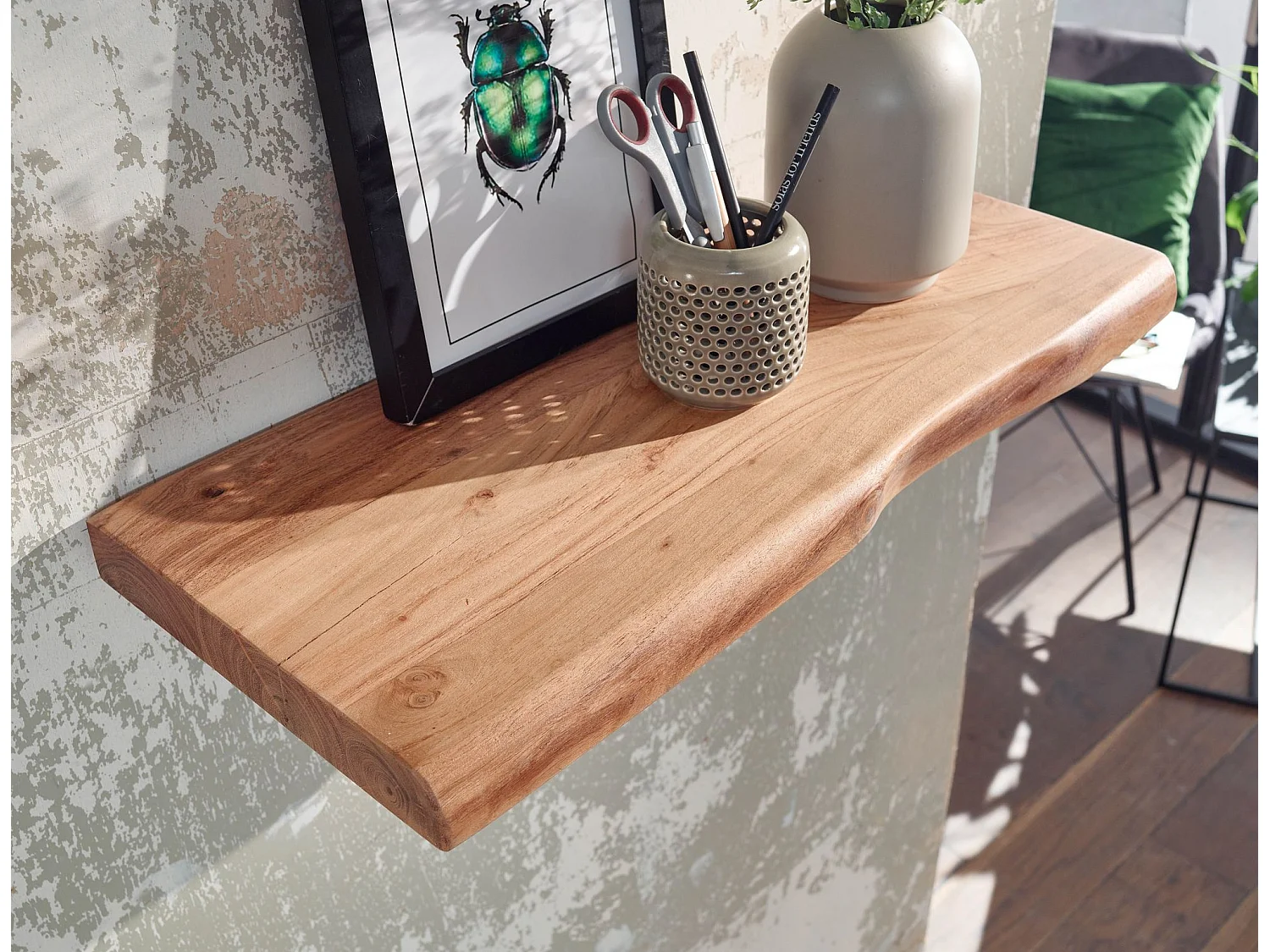 Wandregal mit Baumkante Akazie Massivholz 60 cm, Design Schweberegal Wandboard Massiv, Regal Holz