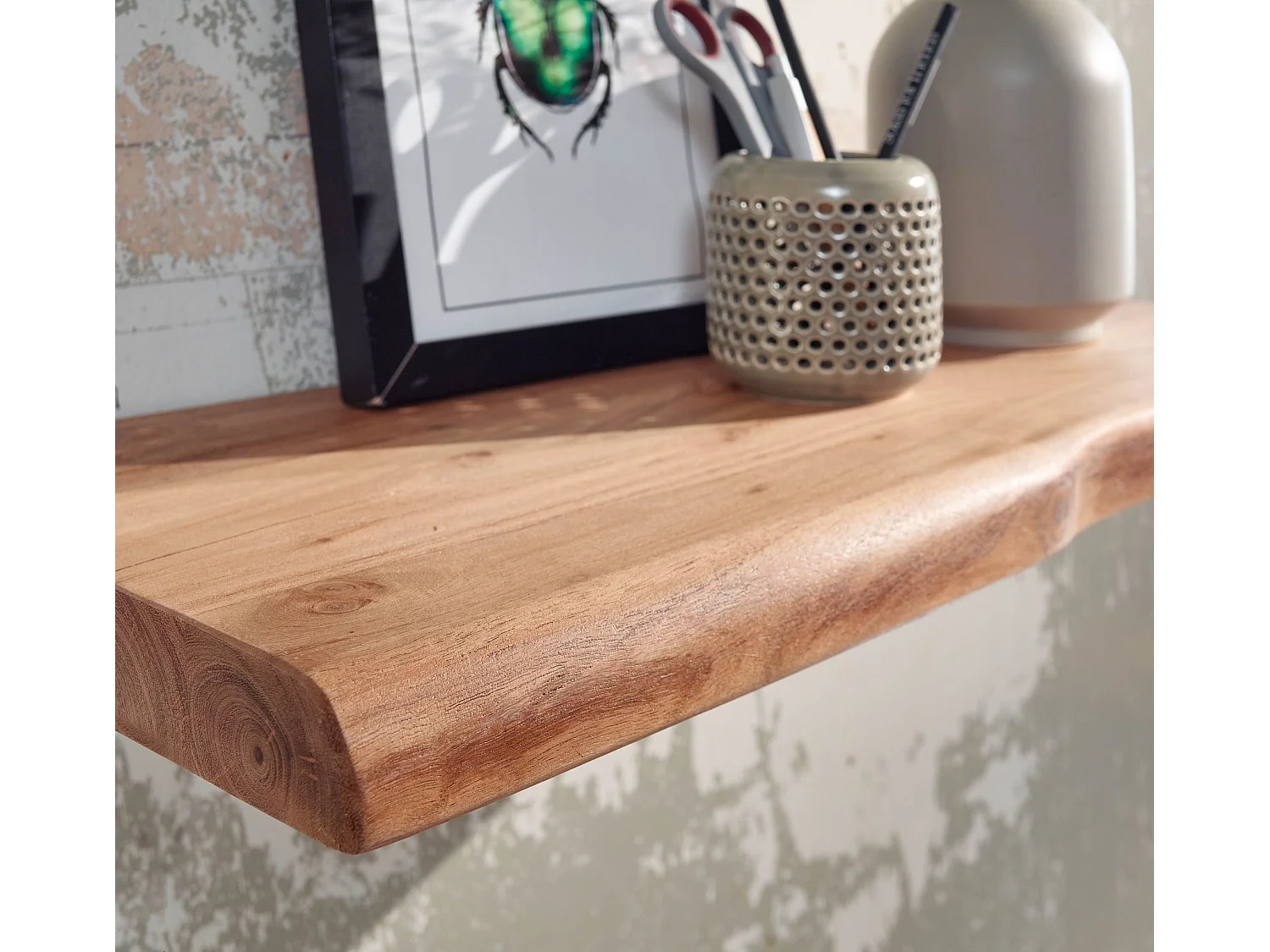 Wandregal mit Baumkante Akazie Massivholz 60 cm, Design Schweberegal Wandboard Massiv, Regal Holz