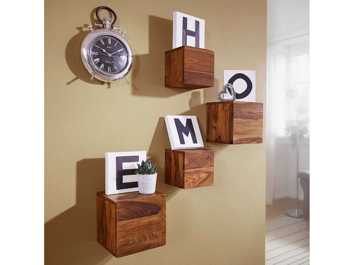 juego de 4 estantes de pared MUMBAI madera maciza sheesham estante de madera estilo rústico