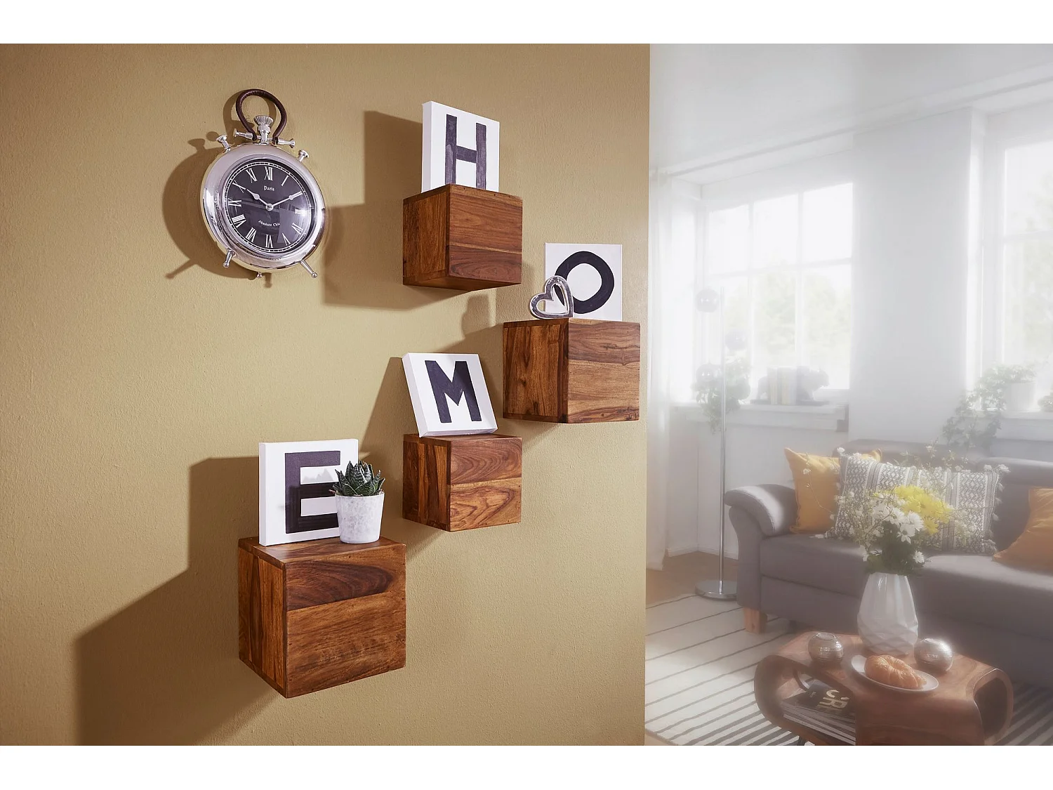 juego de 4 estantes de pared MUMBAI madera maciza sheesham estante de madera estilo rústico