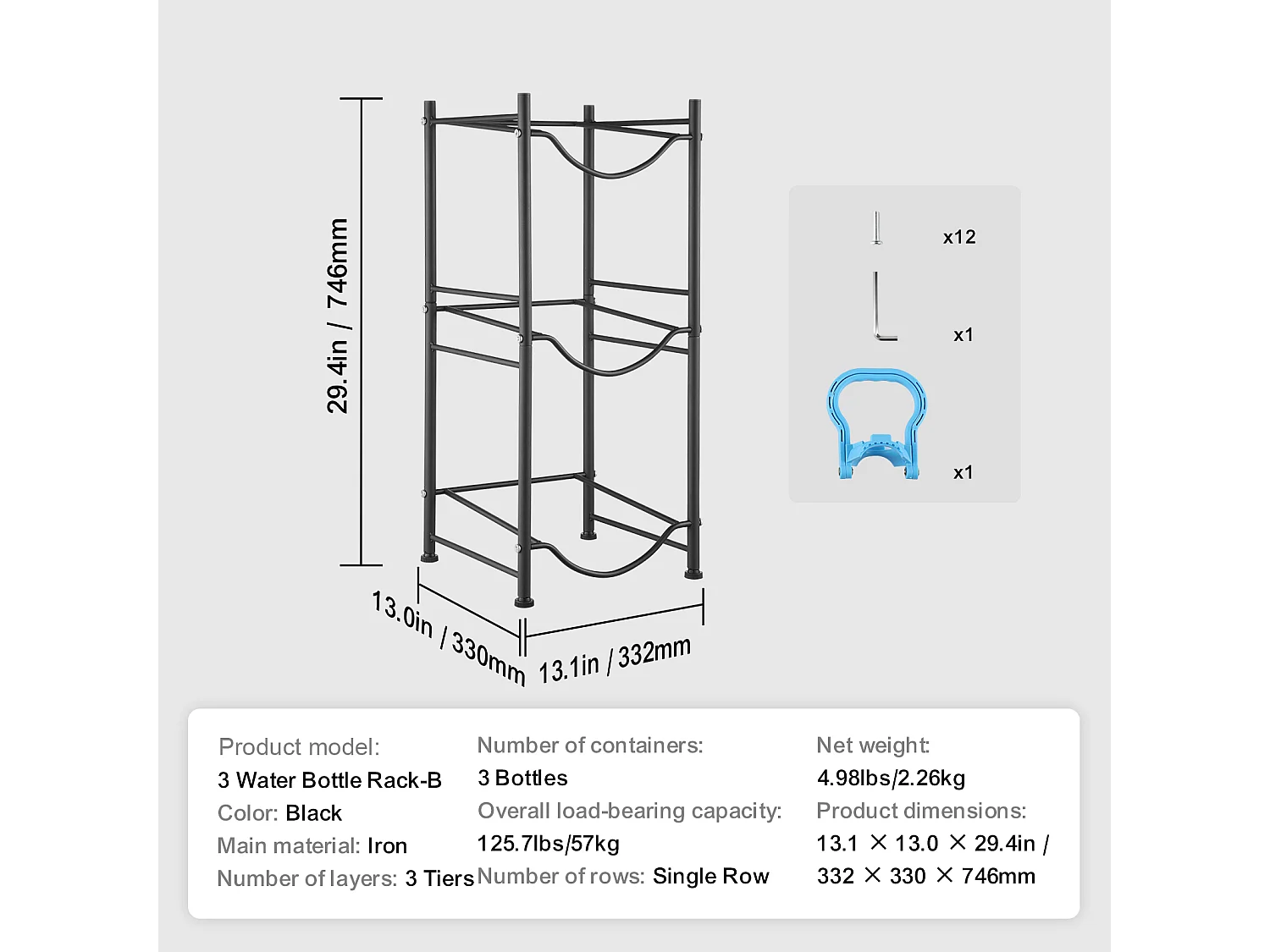 Support pour Carafe à Eau à 3 Niveaux SucceBuy, Support en Rangée Simple pour 3 Bouteilles, Noir