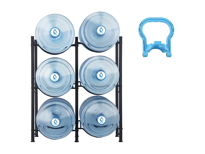 Porta-garrafas de Água com 3 Níveis SucceBuy, Suporte em Duas Filas para 6 Garrafas, Preto