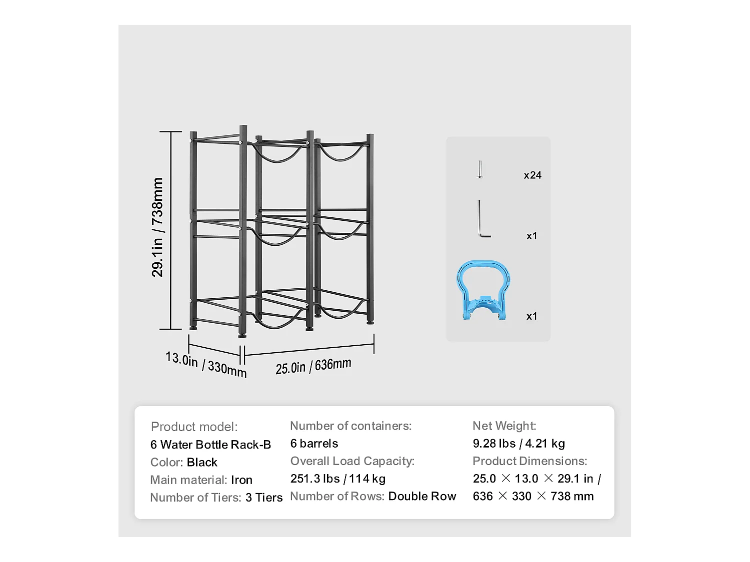 Porte-bouteilles d'Eau à 3 Niveaux SucceBuy, Support en Double Rangée pour 6 Bouteilles, Noir