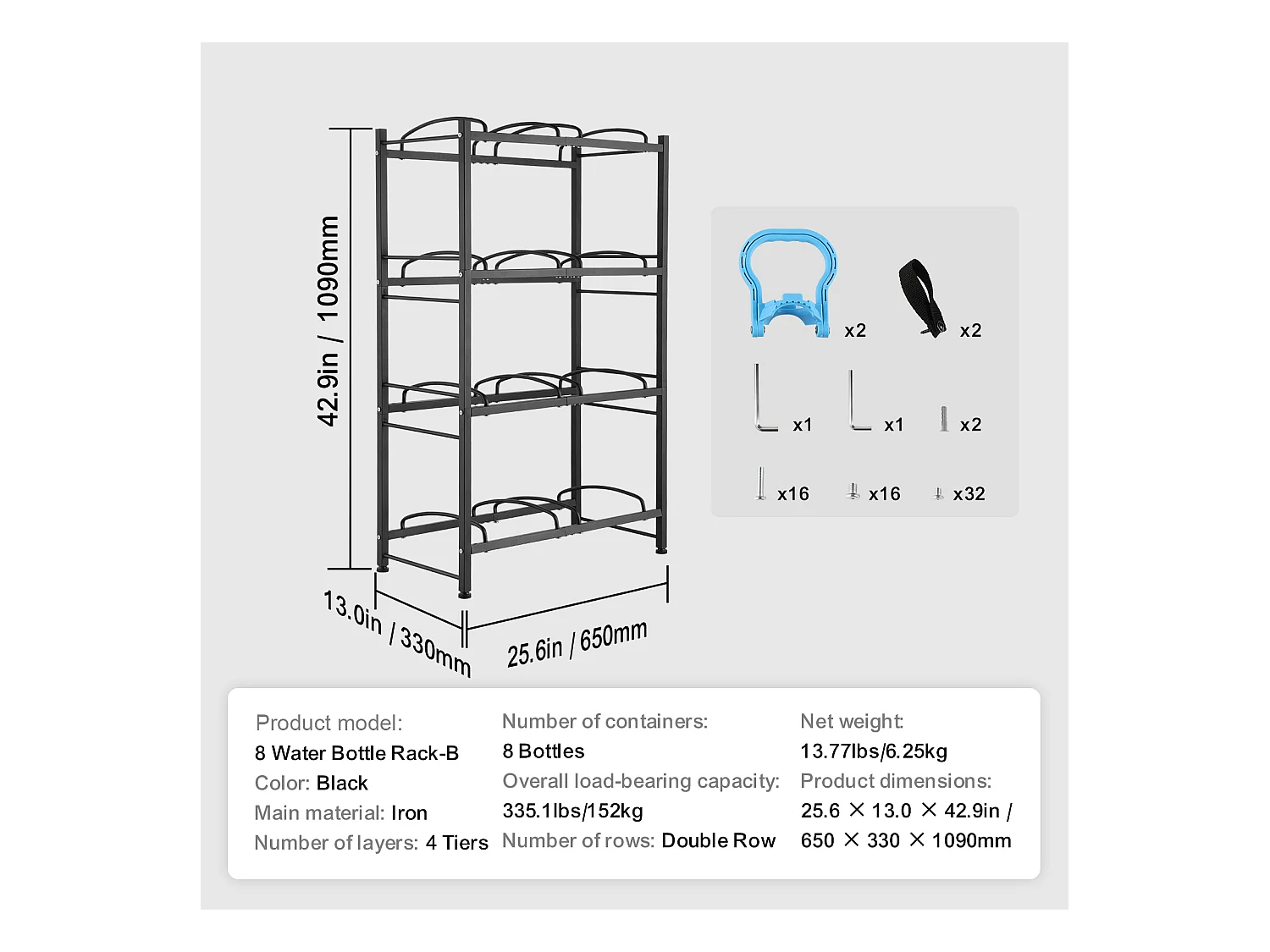 4-poziomowy Stojak na Butelki SucceBuy, Dwurzędowy Stojak na 8 Butelek, Czarny