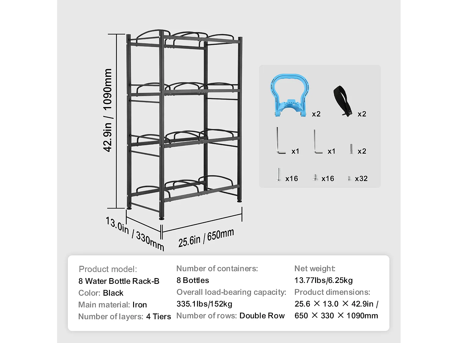 Botellero de 4 Niveles SucceBuy, Botellero en Doble Fila para 8 Botellas, Negro
