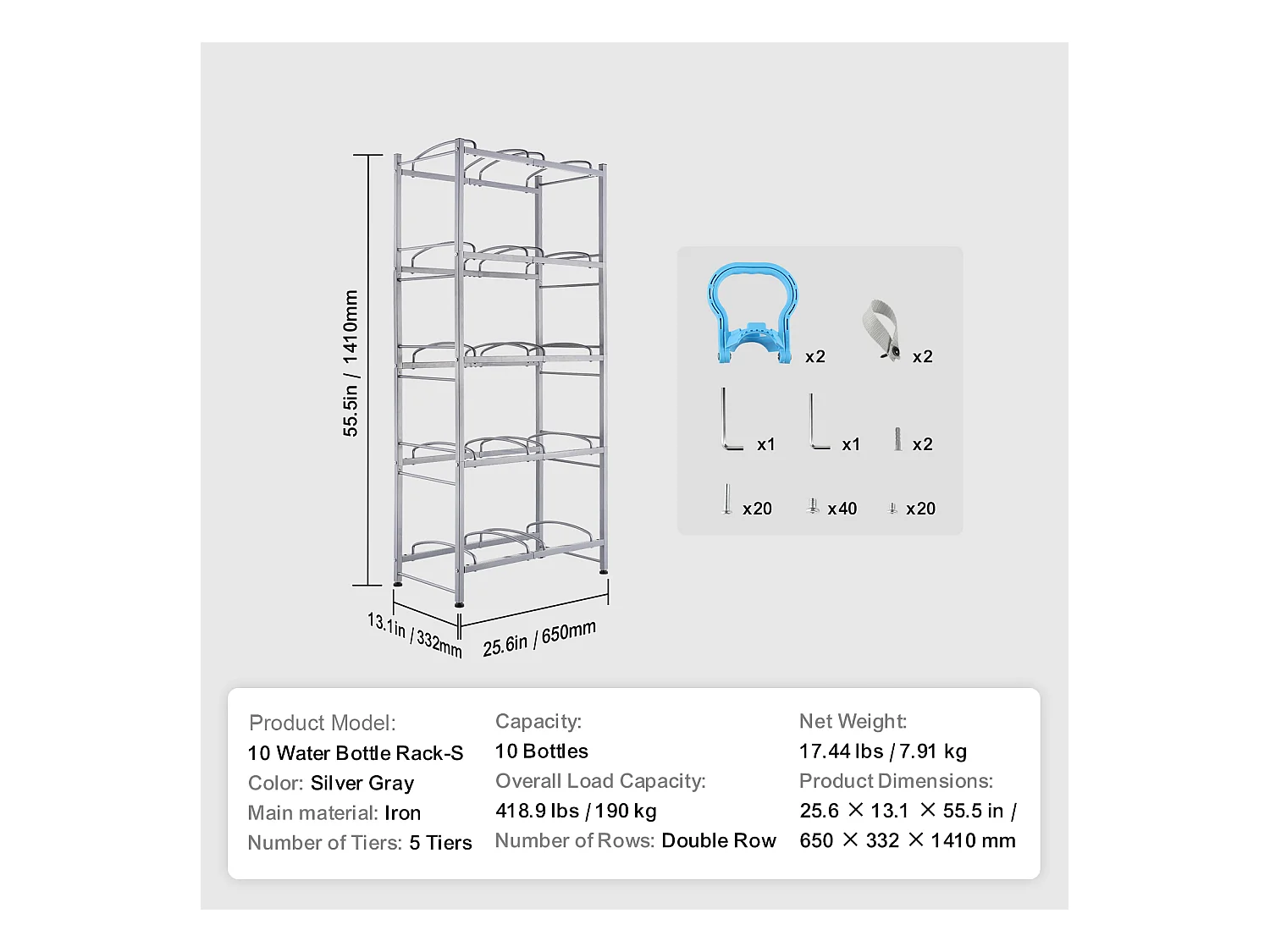 Porte-bouteilles d'Eau à 5 Niveaux SucceBuy, Support en Double Rangée pour 10 Bouteilles, Gris Argenté