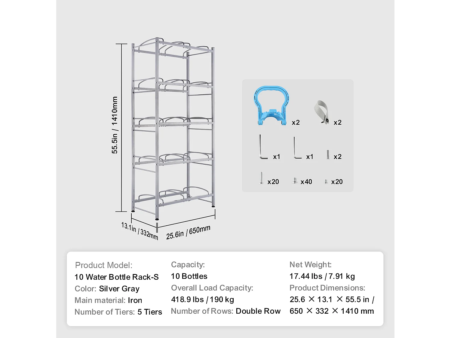 Portabotellas de Agua de 5 Niveles SucceBuy, Soporte en Doble Fila para 10 Botellas, Gris Plateado