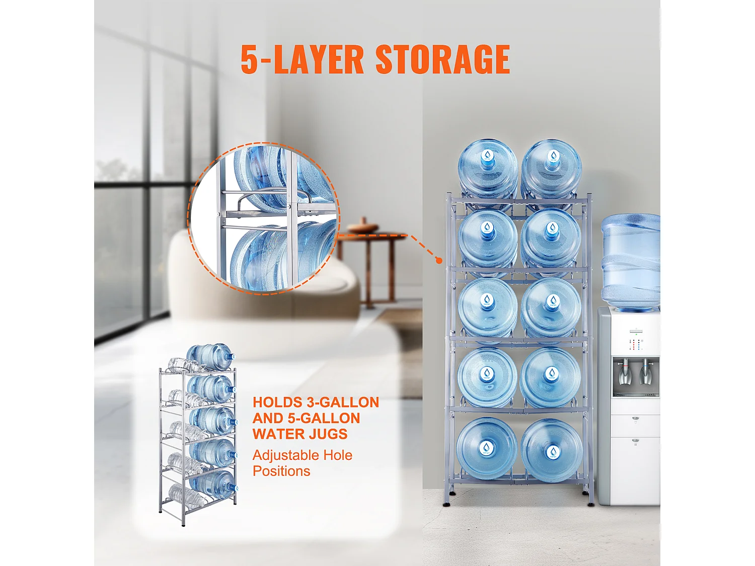 Portabotellas de Agua de 5 Niveles SucceBuy, Soporte en Doble Fila para 10 Botellas, Gris Plateado