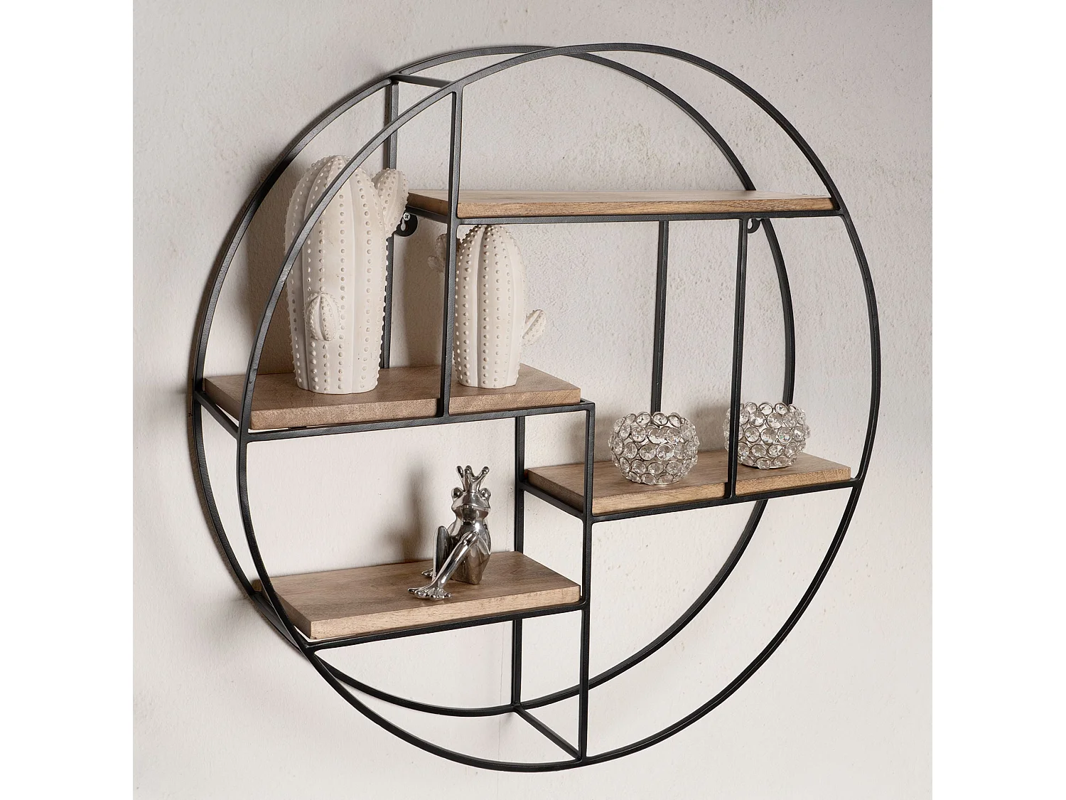 Estante de pared 70x70x18 cm Estante colgante redondo de madera maciza/metal de mango | Estante