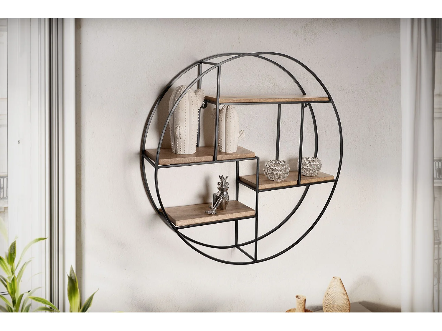 Estante de pared 70x70x18 cm Estante colgante redondo de madera maciza/metal de mango | Estante