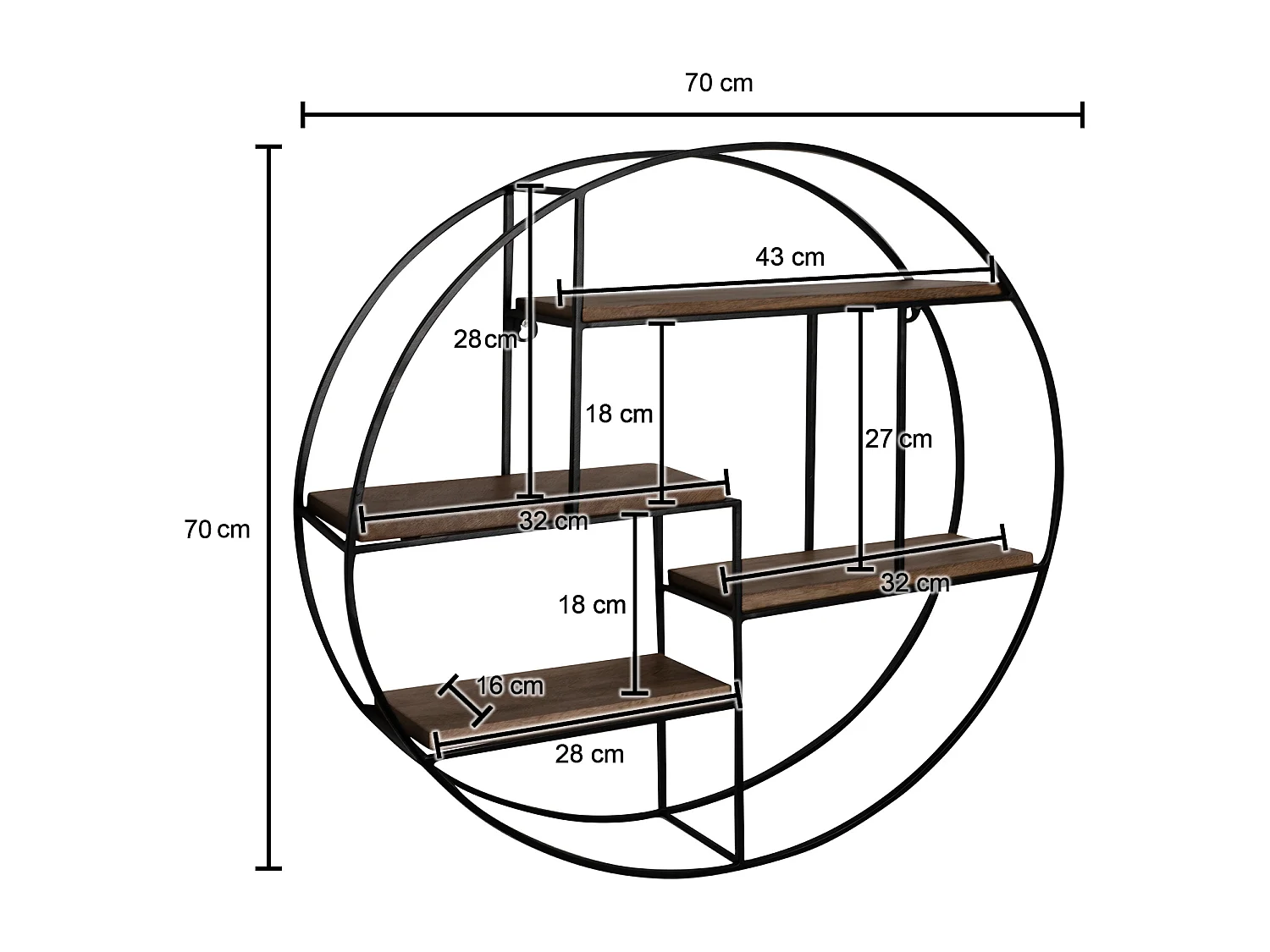 Estante de pared 70x70x18 cm Estante colgante redondo de madera maciza/metal de mango | Estante