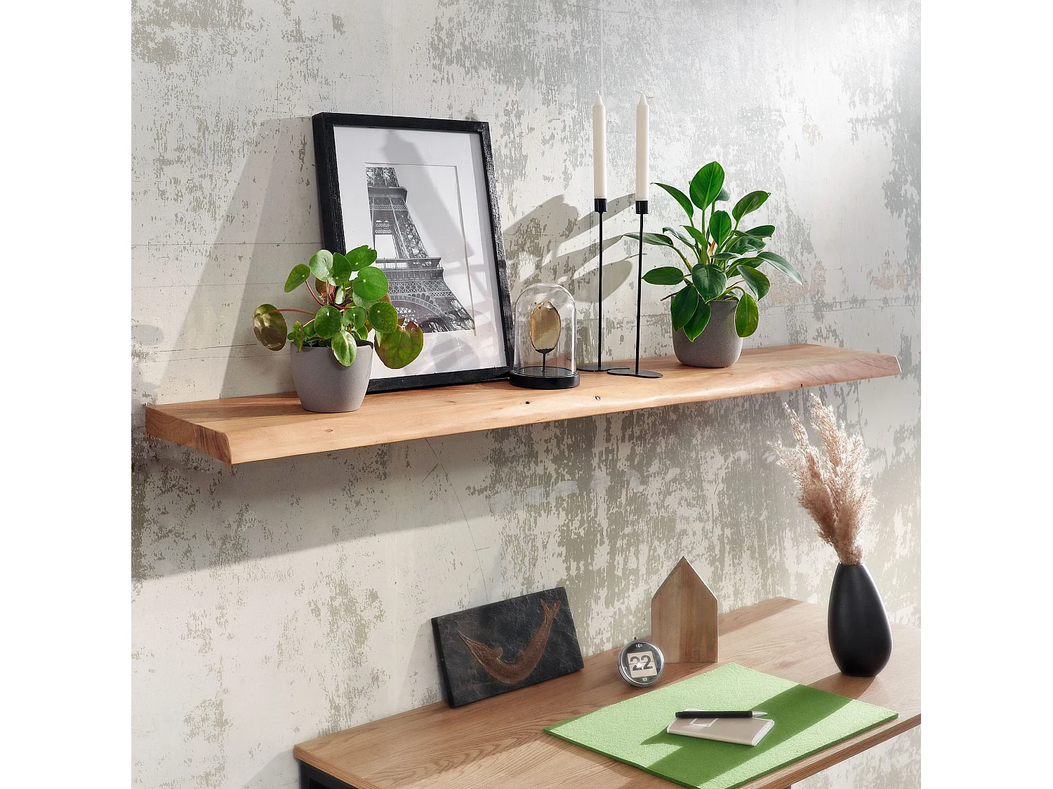 Estantería de Pared 140 cm Moderna Madera Maciza de Acacia | Estante Colgante de Flotación Libre