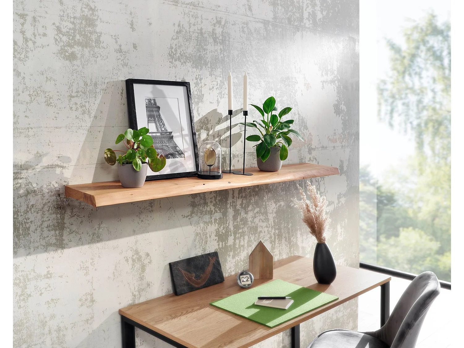 Estantería de Pared 140 cm Moderna Madera Maciza de Acacia | Estante Colgante de Flotación Libre