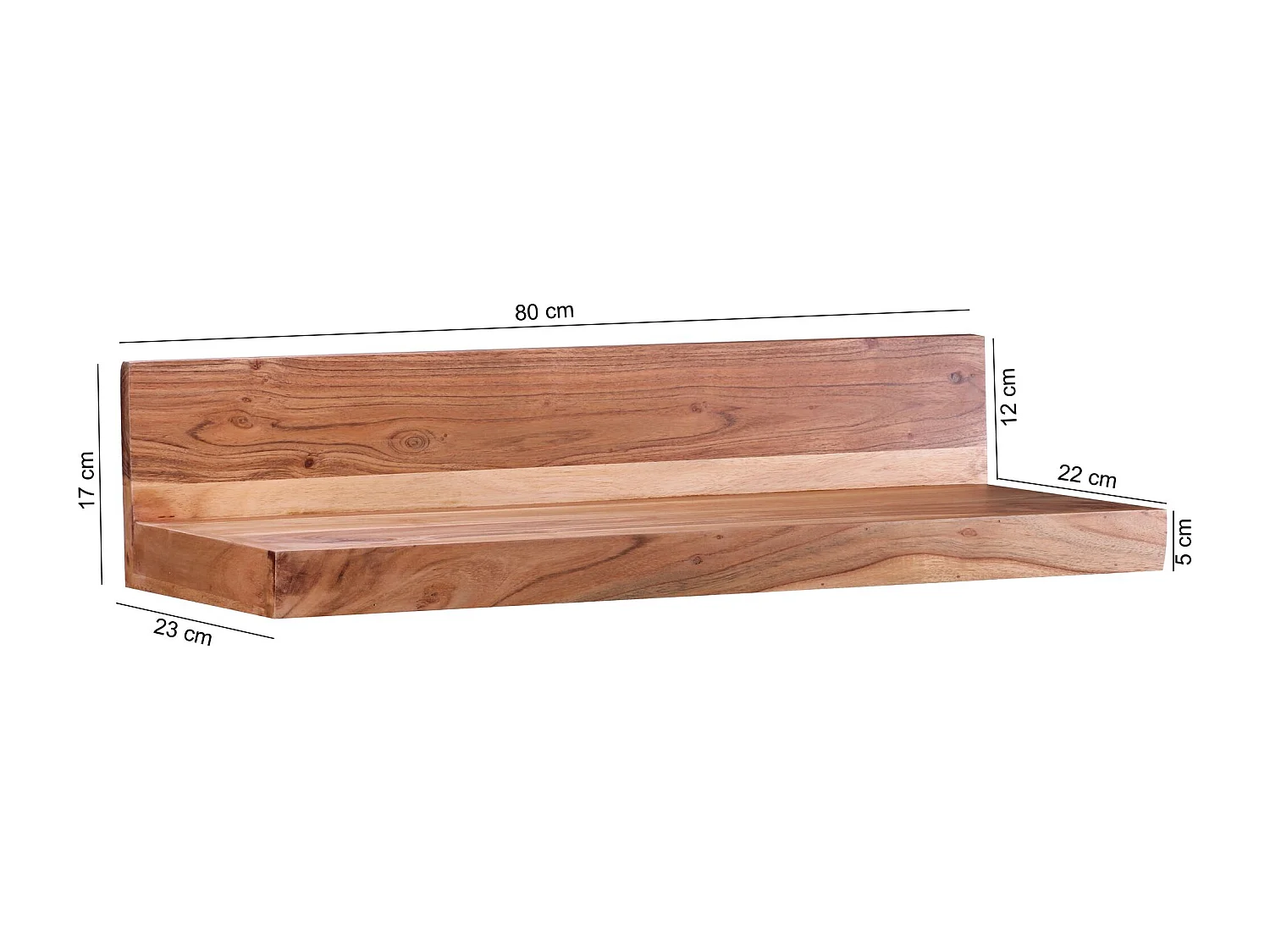 estante de pared MUMBAI madera maciza estante de madera de acacia 80 cm estilo rústico estante