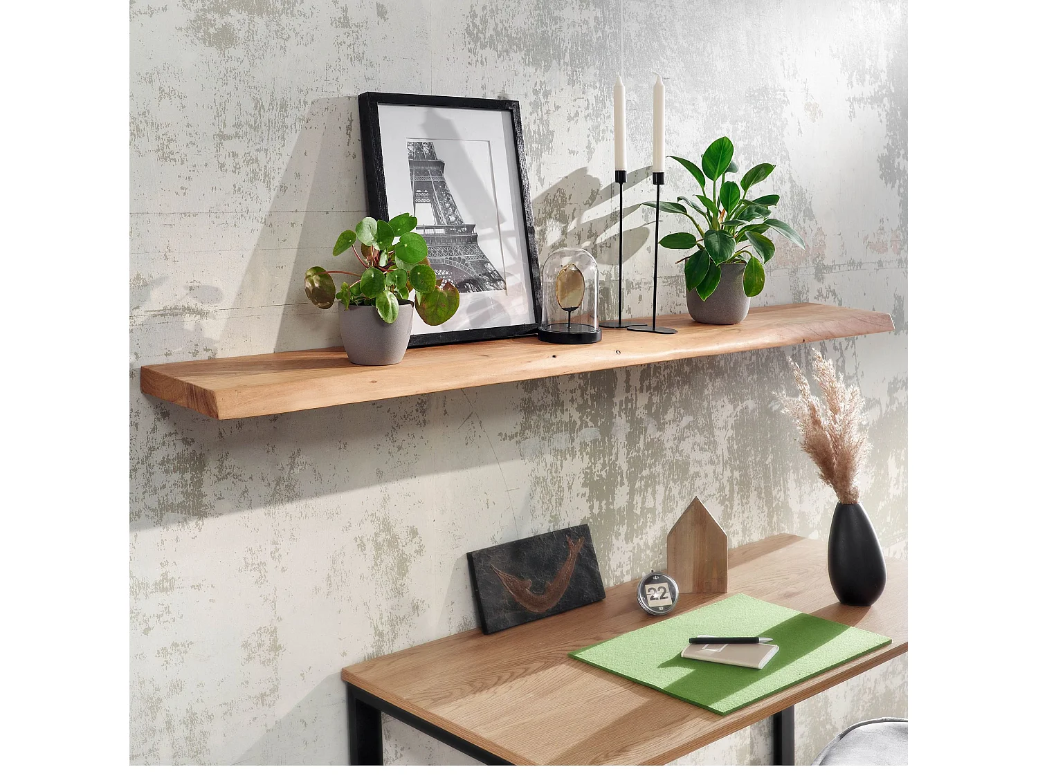 Wandregal mit Baumkante Akazie Massivholz 160 cm, Design Schweberegal Wandboard Massiv, Regal Holz