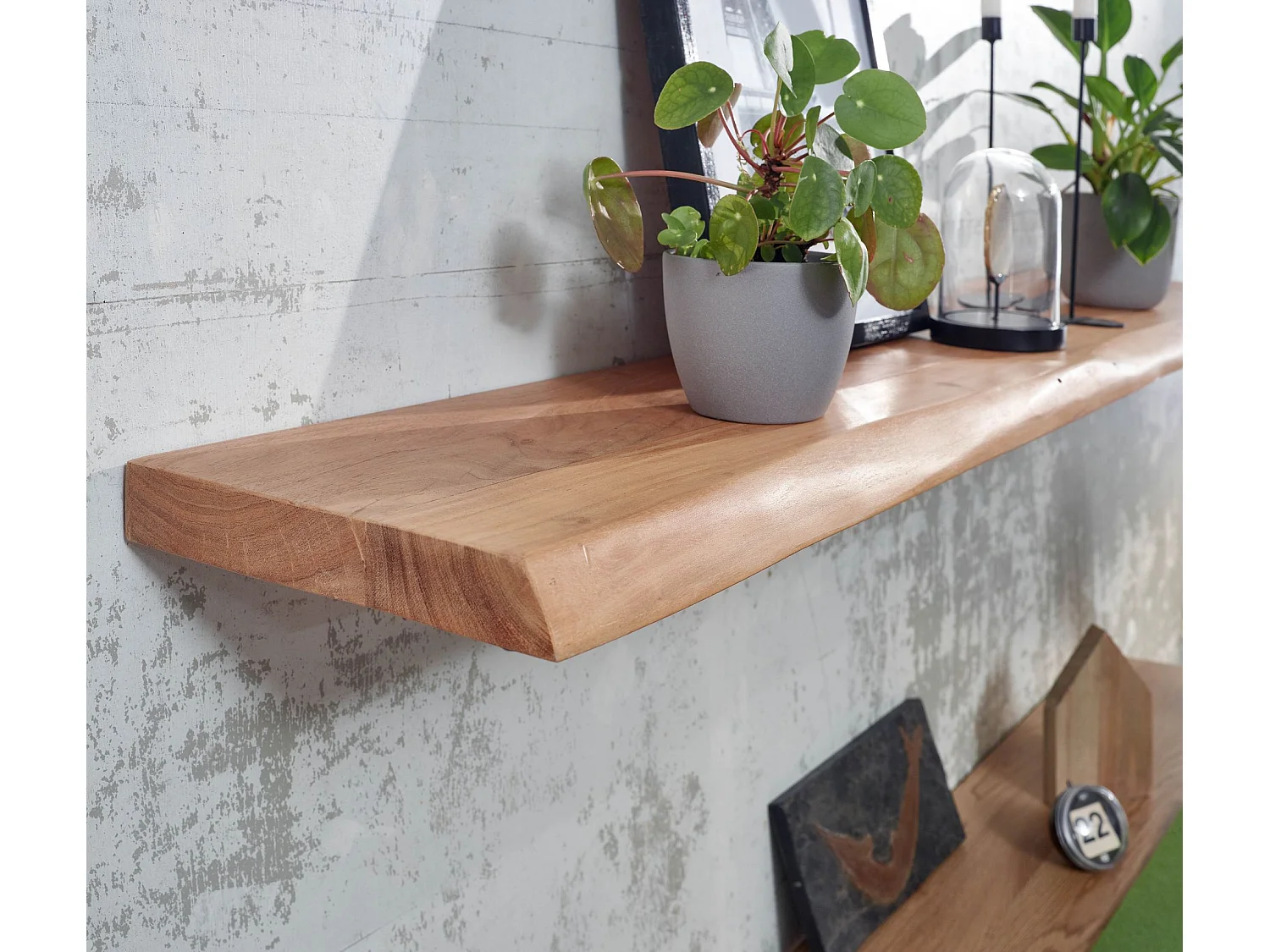 Wandregal mit Baumkante Akazie Massivholz 160 cm, Design Schweberegal Wandboard Massiv, Regal Holz