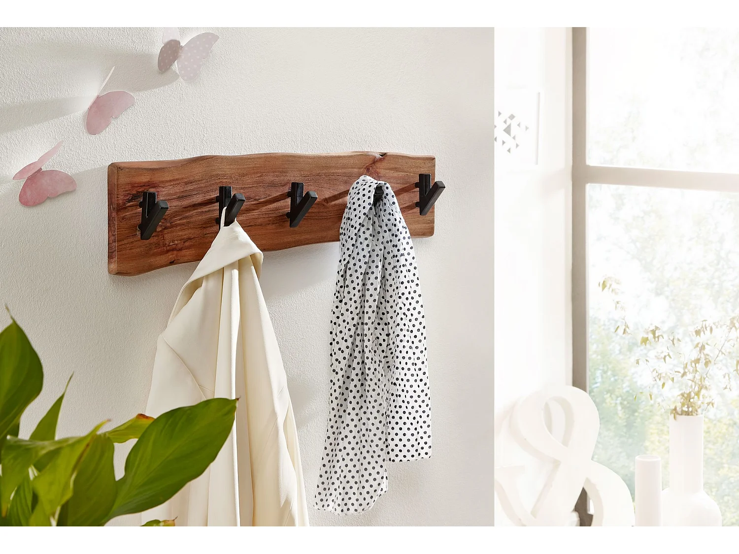 diseño madera maciza de acacia / metal 60 x 17 x 9 cm | Perchero de pared con gancho de carril |