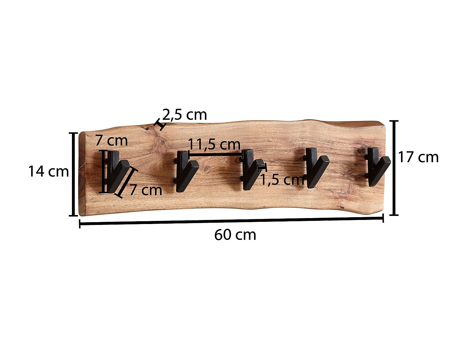 diseño madera maciza de acacia / metal 60 x 17 x 9 cm | Perchero de pared con gancho de carril |