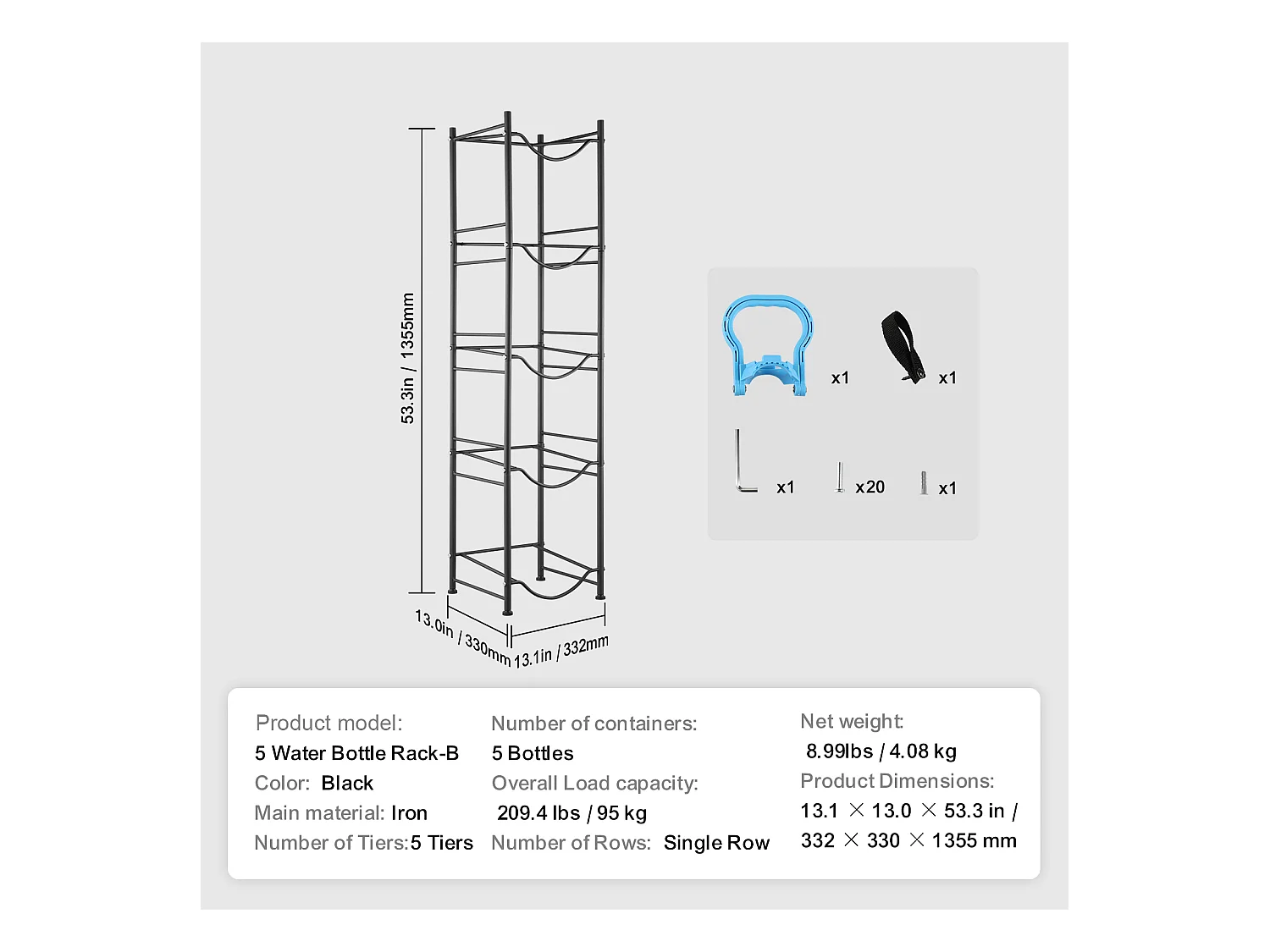 Porte-bouteilles d'Eau à 5 Niveaux SucceBuy, Support en Une Rangée pour 5 Bouteilles, Métal Noir