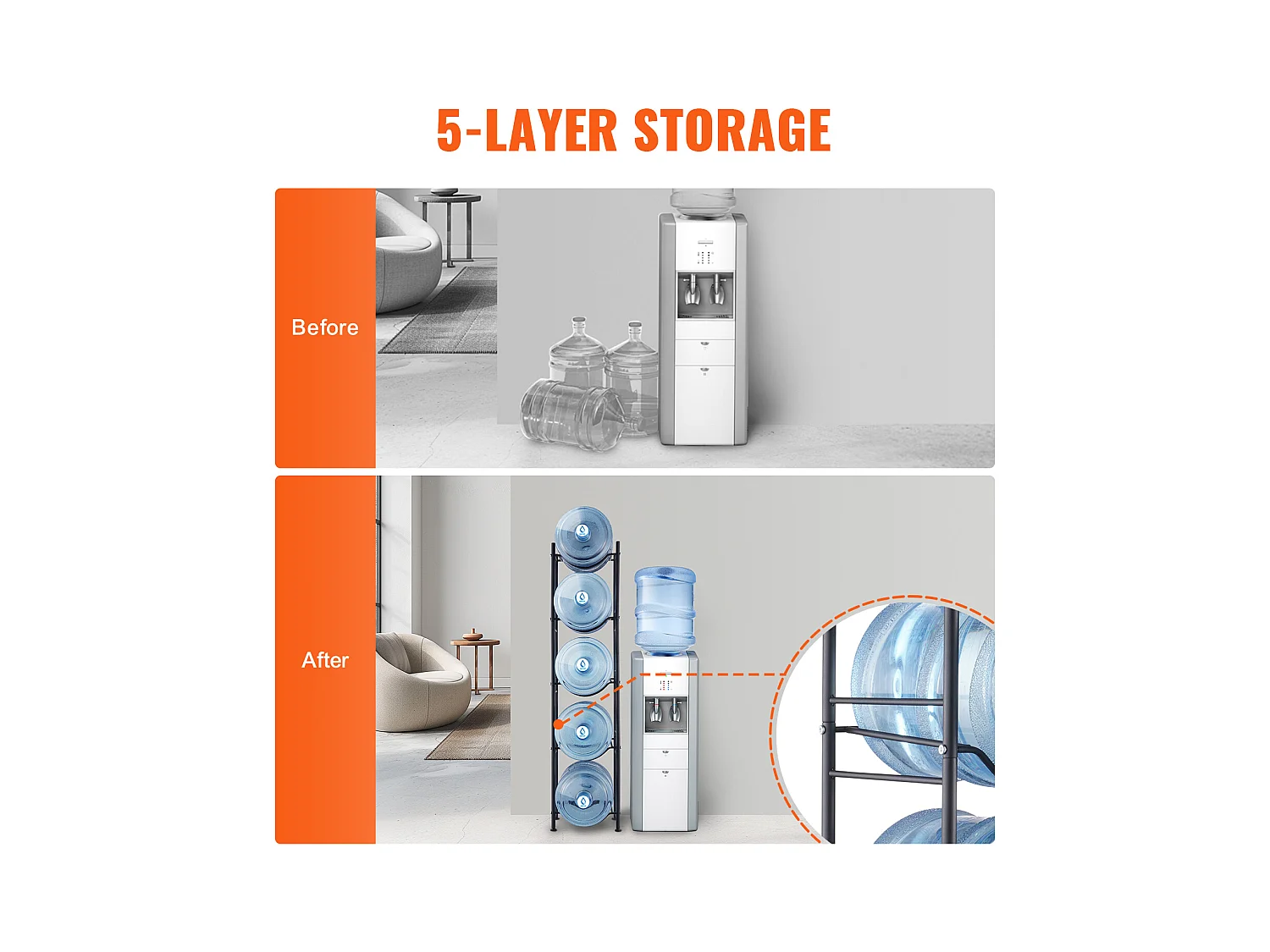 Porte-bouteilles d'Eau à 5 Niveaux SucceBuy, Support en Une Rangée pour 5 Bouteilles, Métal Noir