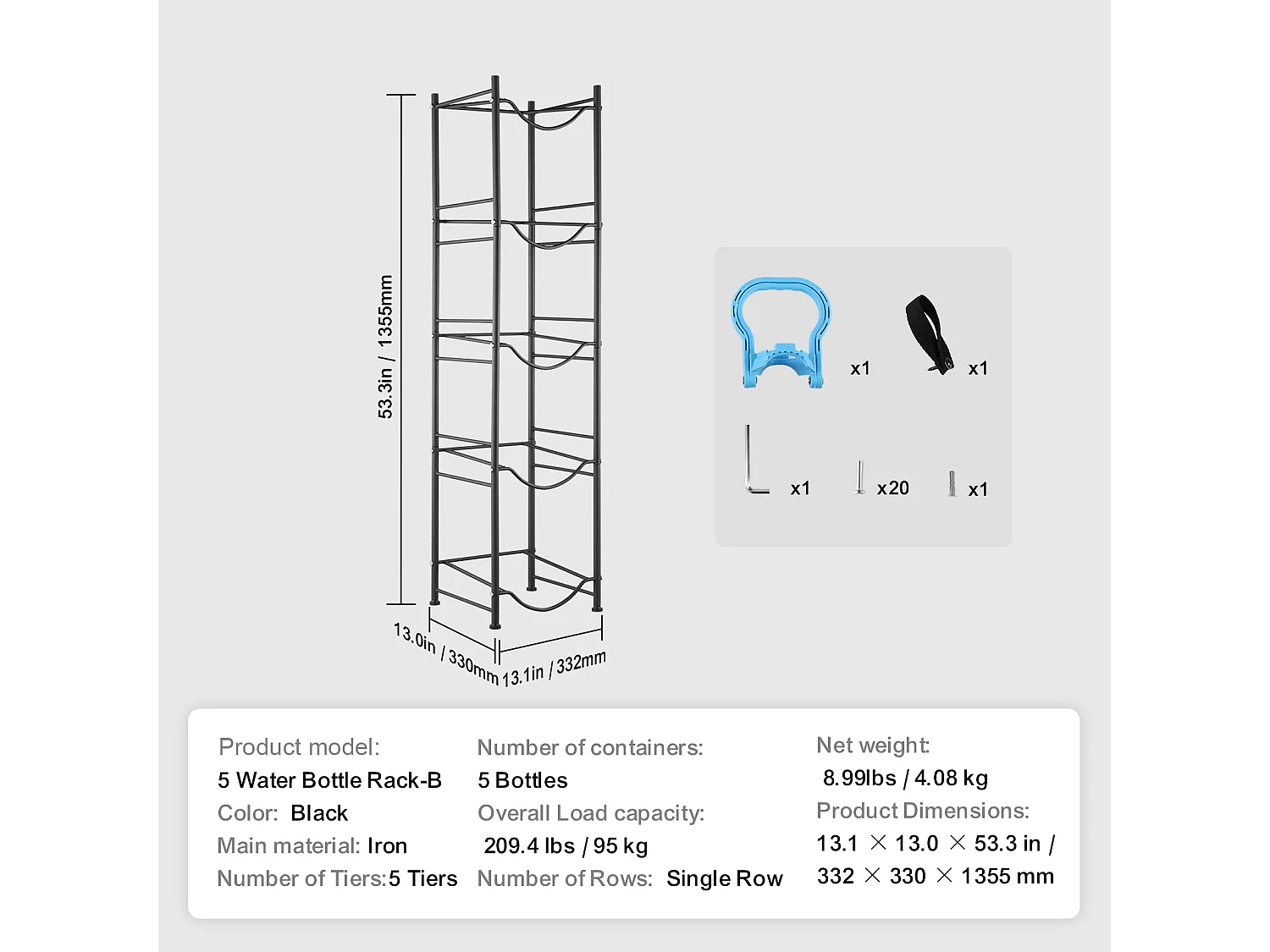 Porte-bouteilles d'Eau à 5 Niveaux SucceBuy, Support en Une Rangée pour 5 Bouteilles, Métal Noir