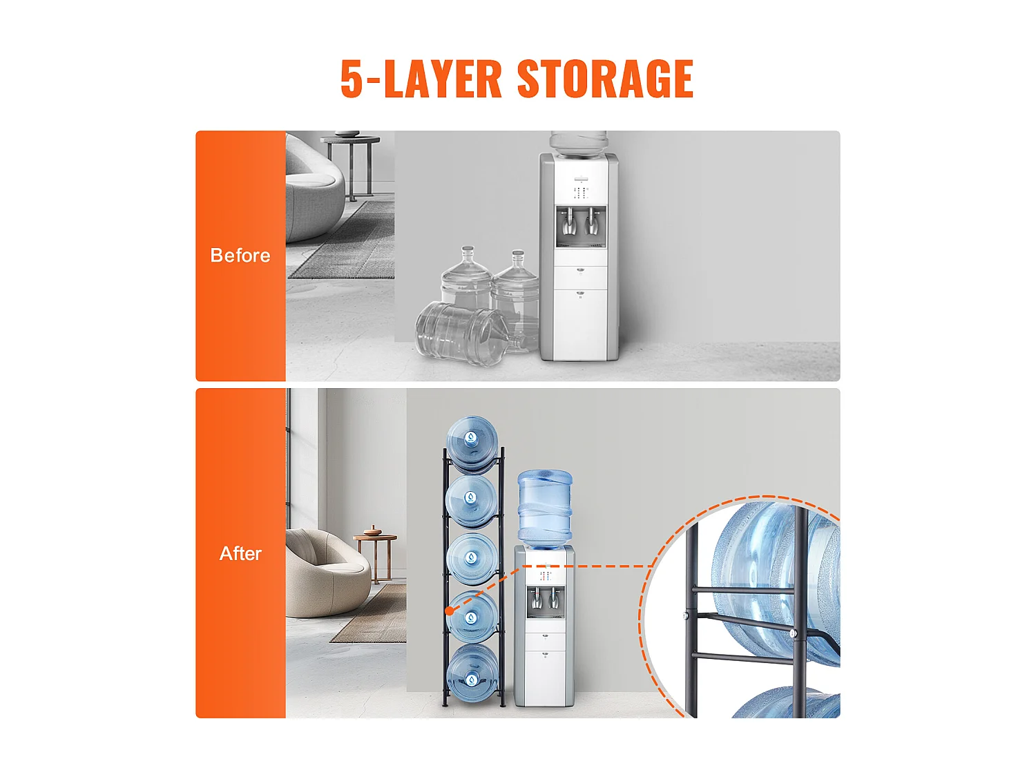 Porte-bouteilles d'Eau à 5 Niveaux SucceBuy, Support en Une Rangée pour 5 Bouteilles, Métal Noir