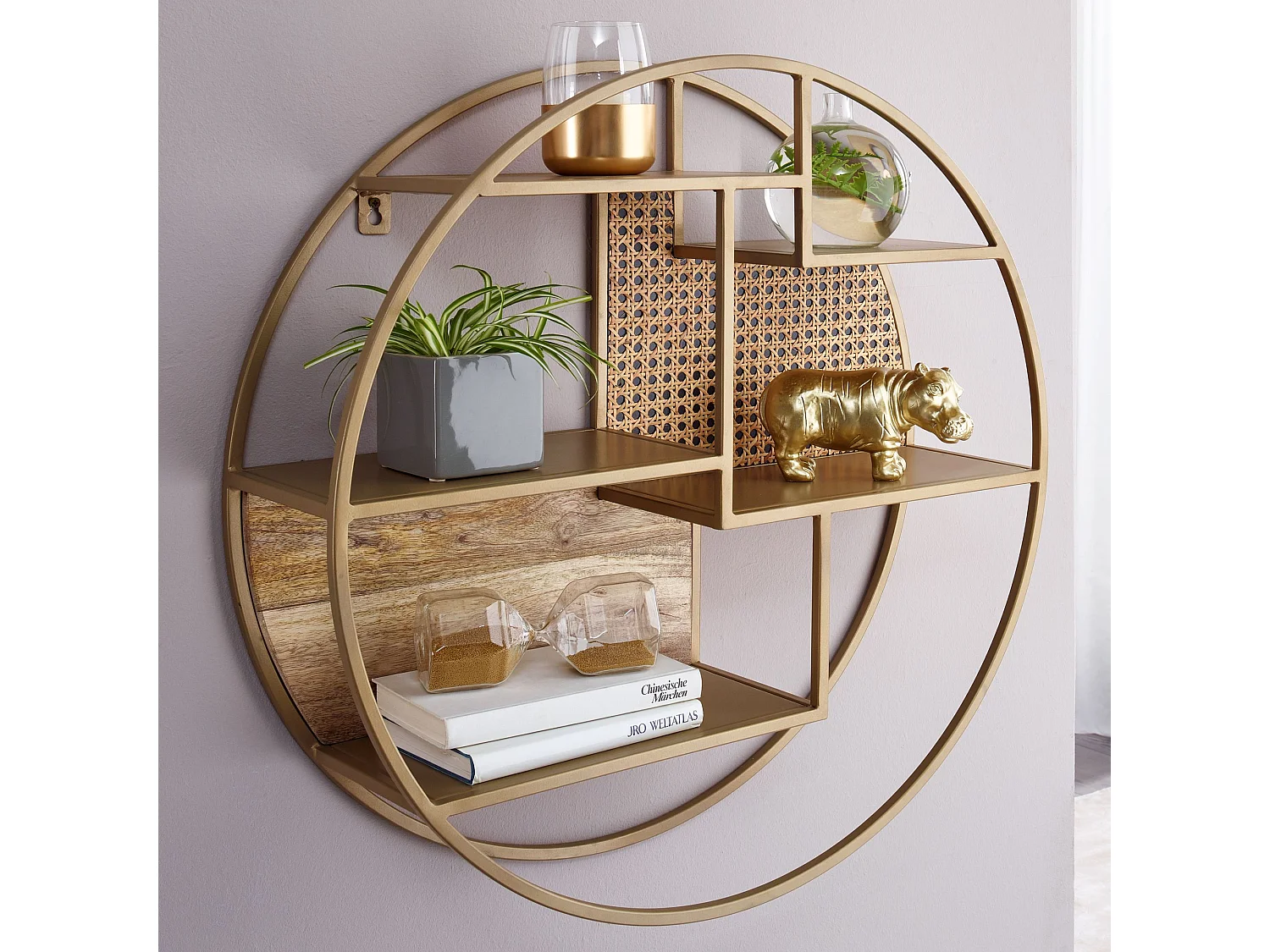 Wandregal Rattan 62x62x17 cm Hängeregal Massivholz / Metall Industrial, Schweberegal Wiener