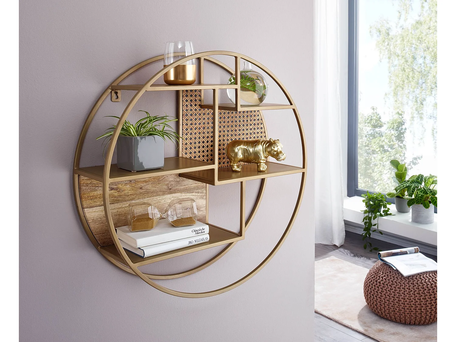 Wandregal Rattan 62x62x17 cm Hängeregal Massivholz / Metall Industrial, Schweberegal Wiener