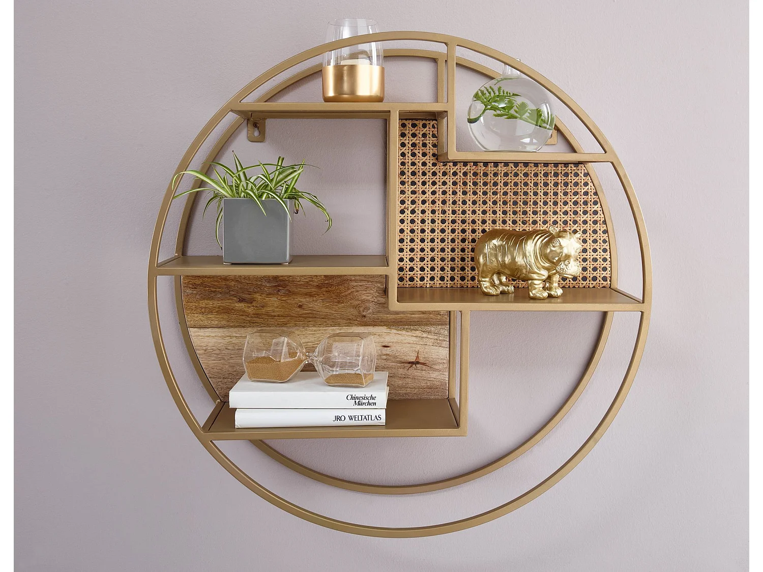 Wandregal Rattan 62x62x17 cm Hängeregal Massivholz / Metall Industrial, Schweberegal Wiener