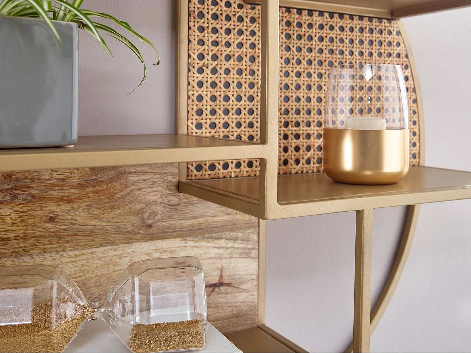 Wandregal Rattan 62x62x17 cm Hängeregal Massivholz / Metall Industrial, Schweberegal Wiener