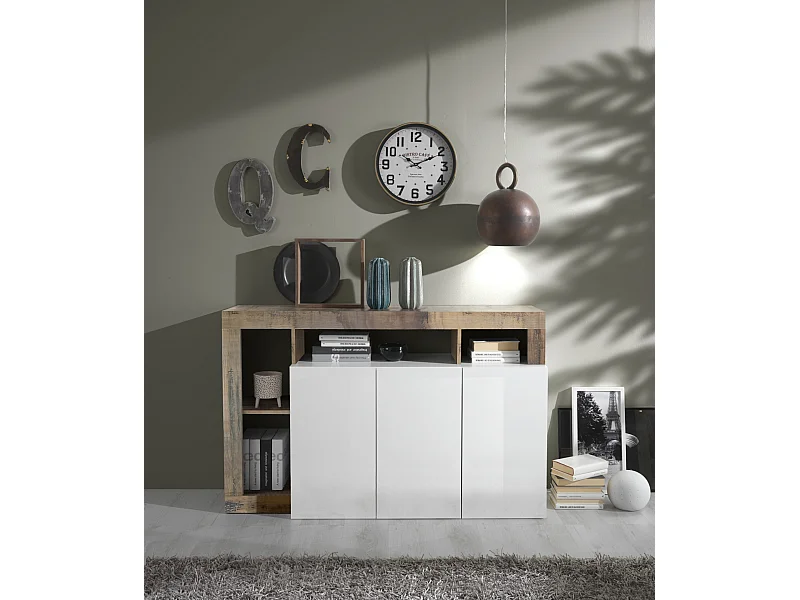 Madia design moderno con tre ante e ripiano da soggiorno 146x93 ML18 bianco e pero