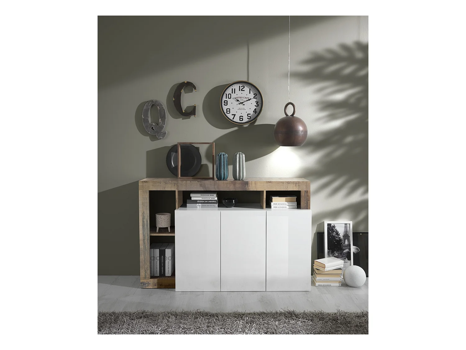 Madia design moderno con tre ante e ripiano da soggiorno 146x93 ML18 bianco e pero