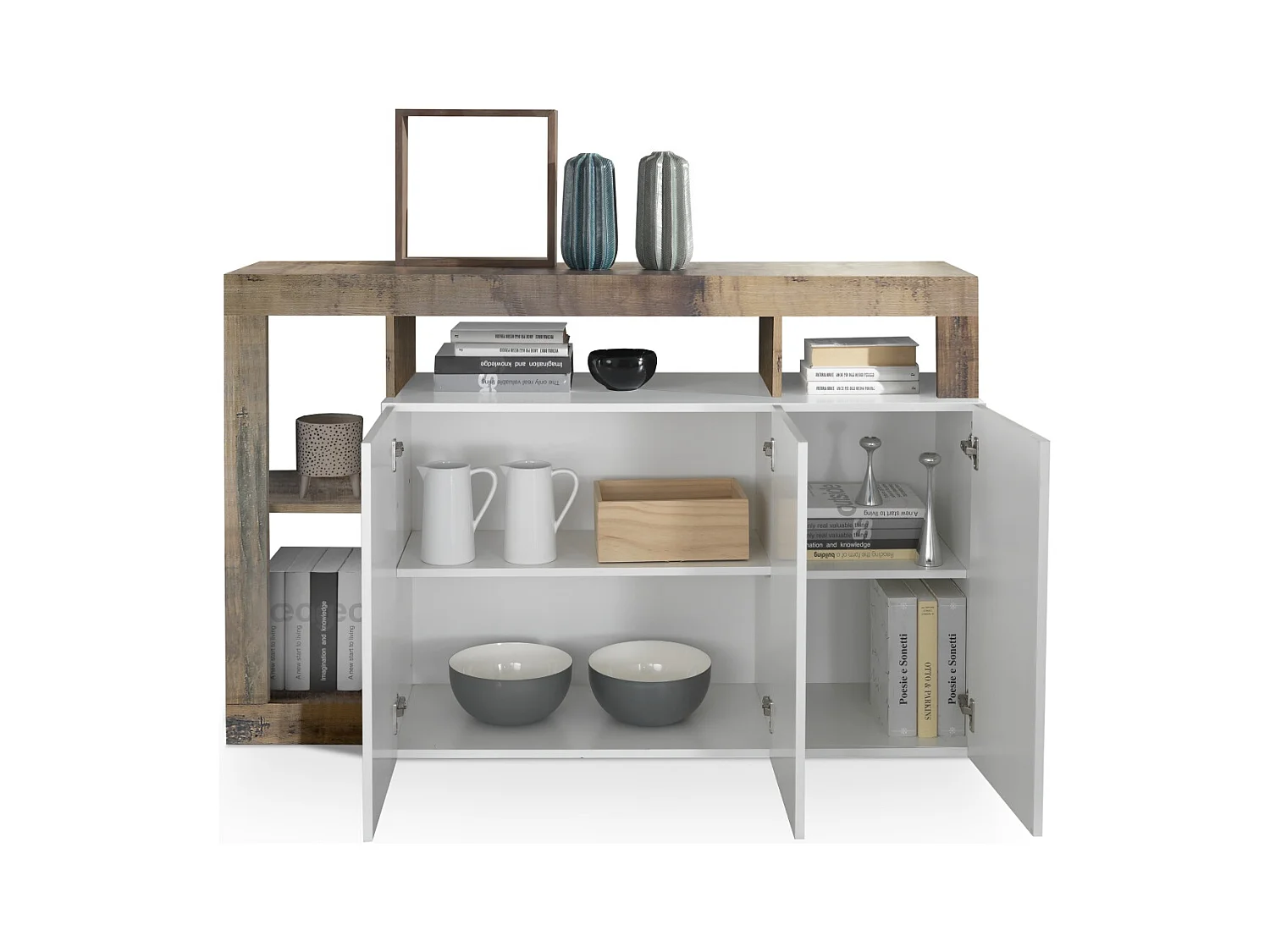 Madia design moderno con tre ante e ripiano da soggiorno 146x93 ML18 bianco e pero